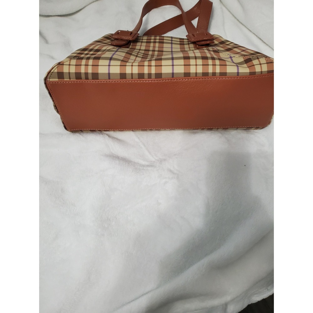 Liz Claiborne Plaid Shoulder Bag Brown Tan Purple Buckle Strap Handbag - Picture 4 of 13